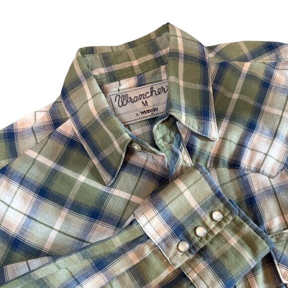 Vintage Wrangler Wrancher Western Snap Button Shirt Green Plaid Pearl Snaps M - Picture 1 of 6